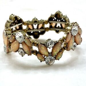 Vintage Gold-Tone Stretch Bracelet with Peach Marquise Stones and Clear Crystals
